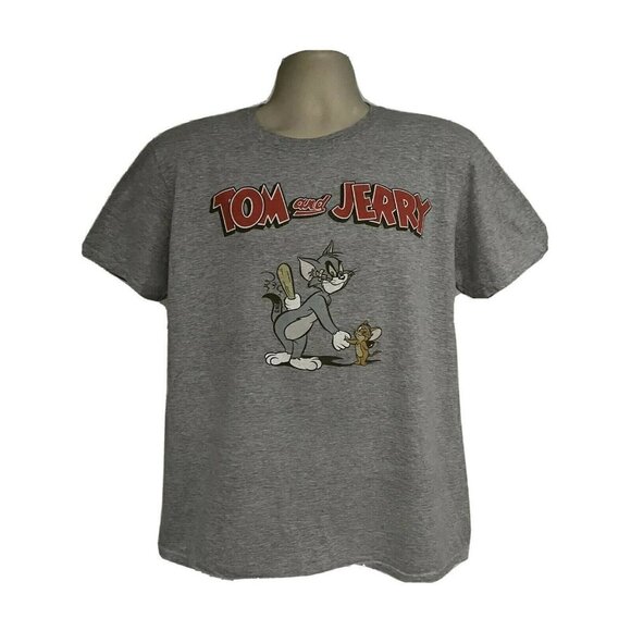 Hanna Barbera Tom Jerry Gray Graphic T-Shirt Large Cotton TV Cartoon Cat Mouse - Picture 1 of 6